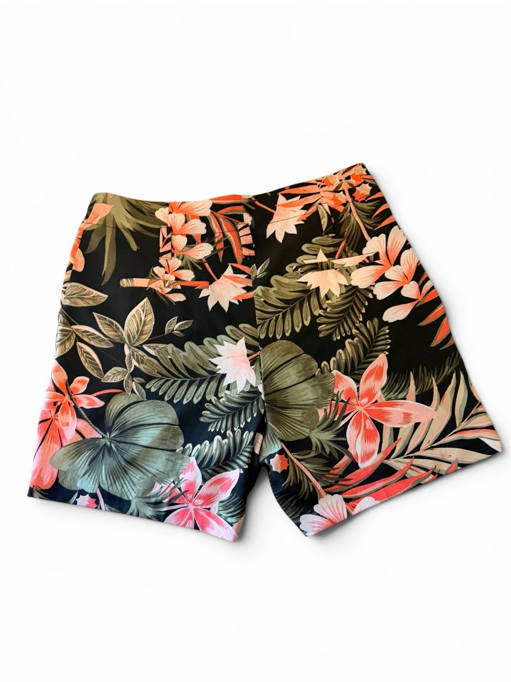 High Waisted Trouser Shorts - Black Tropical Floral Shorts with Coral & Olive